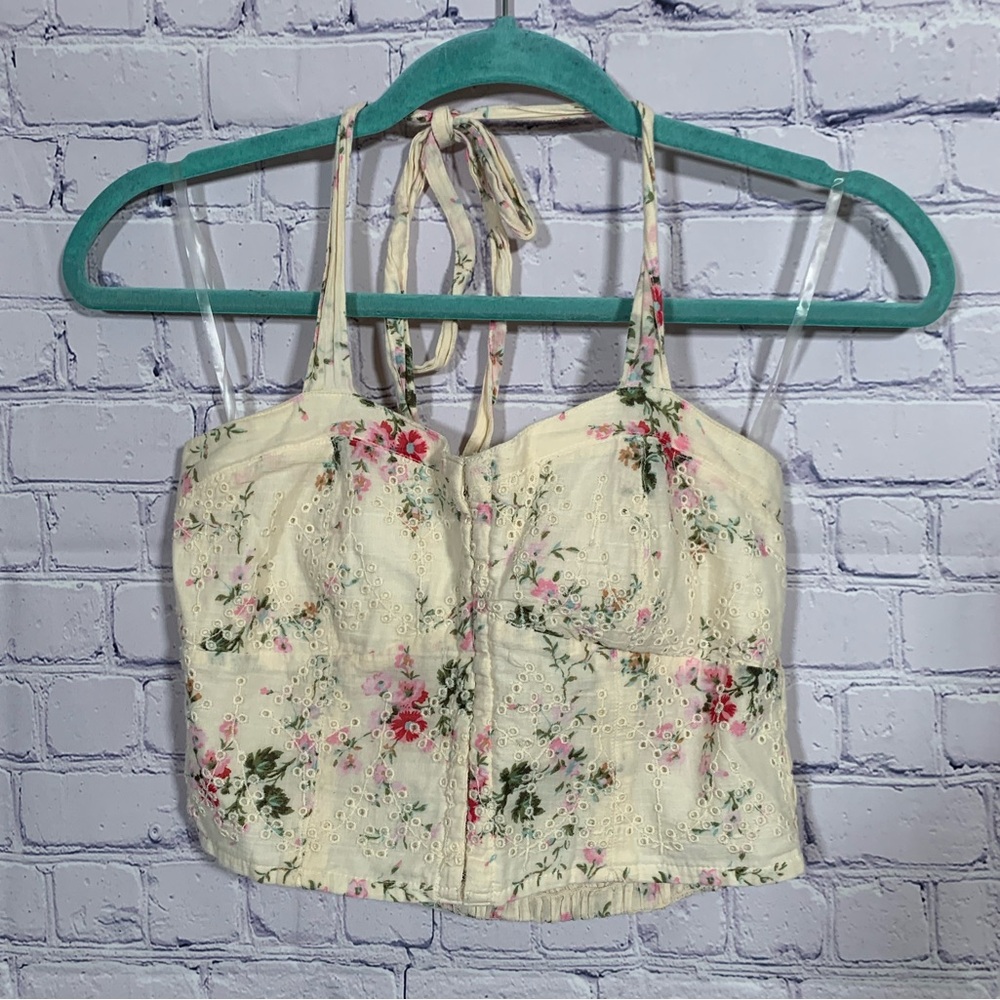 American Eagle Outfitters Cream Floral Eyelet Halter Crop